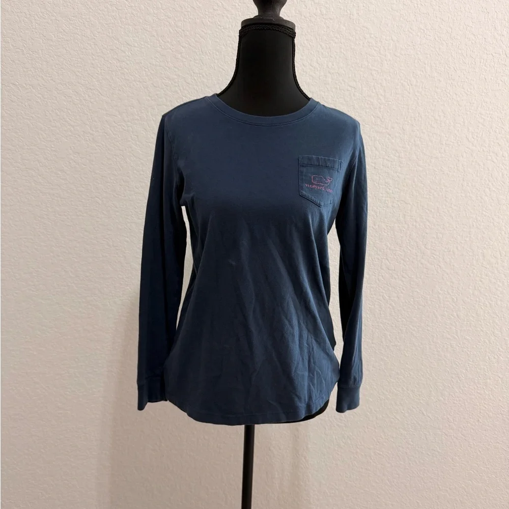 Vineyard Vines Youth Navy Long Sleeve Tee| Pink Logo Details | Preppy Coastal